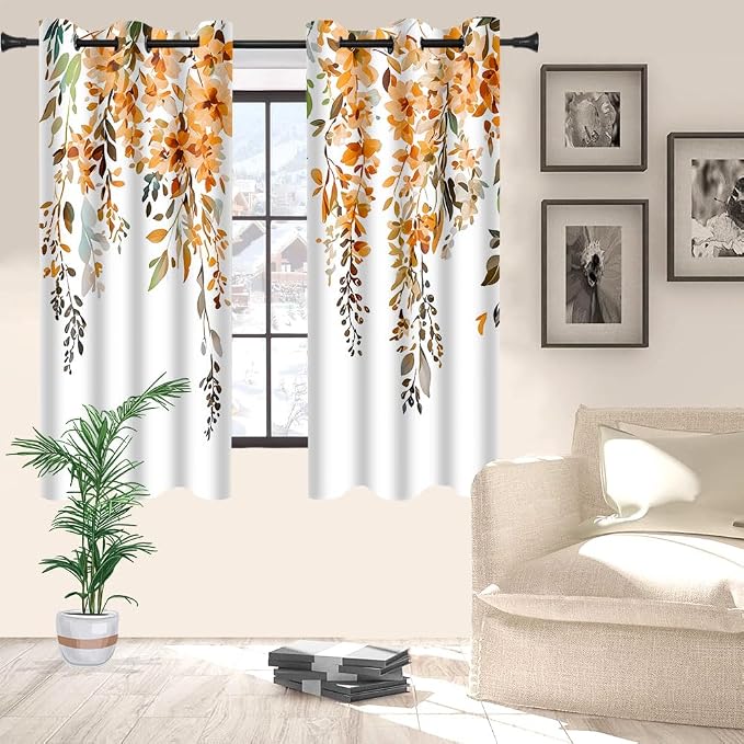 Orange Watercolor Floral Curtains, 42x63 inch, 2 Panels | Botanical Leaves Vine Flowers, Rustic Farmhouse Style, Blackout Window Treatment, For Bedroom Living Room