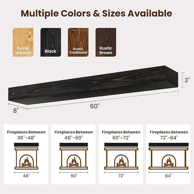 Acovy Floating Fireplace Mantel Shelves, 60x8x3 Inches Natural Wooden Floating Shelf for Over Fireplace, Wall-Mounted Mantel Shelf for Living Room and Home Decor, Black