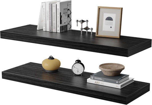 Large Floating Shelves for Wall Set of 2 Wooden Wall Shelves 30 in x 12.75 in x 2 in Room Decor Long Shelf with Invisible Wall Mount Bracket for Bedroom Kitchen Living Room Black Wood