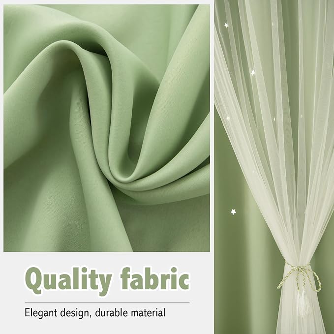 2 Panels Green Star Blackout Curtains 120 Inches Long, Privacy Light Filtering Cute Drapes for Kids Bedroom, Thick Grommet Double Layer Nursery Princess Curtains for Glass Door (50"W x 120"L)