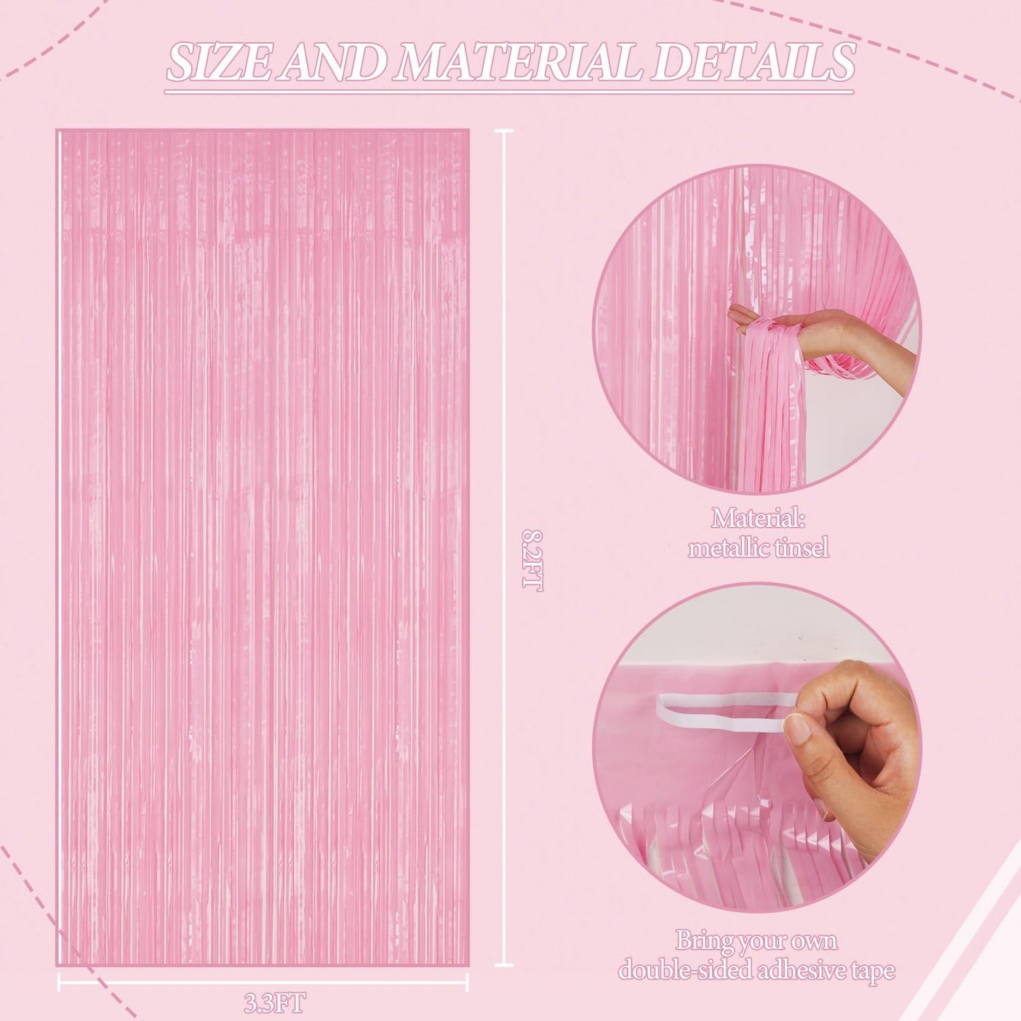 3 Pack Foil Fringe Backdrop - PastelPink Shiny Tinsel Curtains for Party Decoration/Photo Booth Props - 3.3x8.2 FT Metallic Foil Backdrop for Birthday, Wedding, Graduation, Christmas.