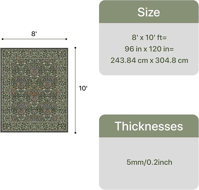 GENIMO 8x10 Washable Area Rugs for Living Room, Non Slip, Emerald Green | Vintage Boho Floral Low Pile Thin Carpet for Bedroom, Dining Room, Nursery, Indoor Decor