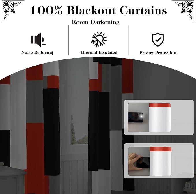 Tyrot Red Black 100% Blackout Curtains 45 inch Length 2 Panels Set White Grey Modern Abstract Geometric Drapes for Kitchen Black Out Curtains Insulated Room Darkening Small Window Curtains, 42Wx45L