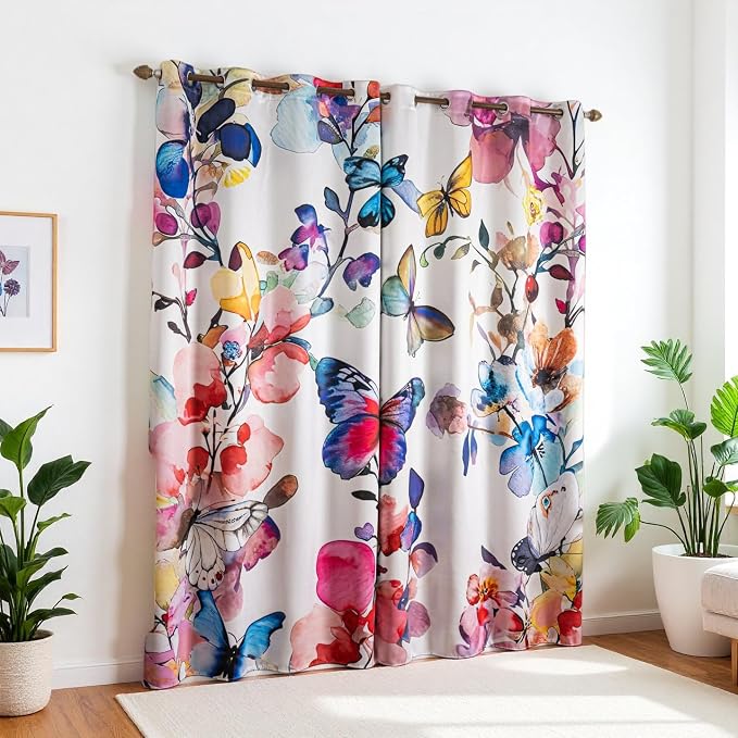 Pink Floral 100% Blackout Curtains 63 inch Length 2 Panels Black Out Drapes Colorful Butterfly Vintage Flower Pattern Thermal Insulated Window Treatment Curtain for Bedroom Living Room 52 x 63 Inch