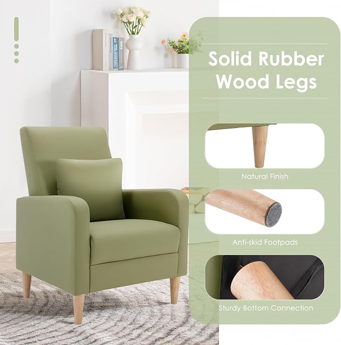 COLAMY Mid-Century Modern Accent Chairs Set of 2, Faux Leather Upholstered Living Room Chairs with Back Pillow & Solid Wood Legs, Comfy Armchair for Living Room, Bedroom, Single Sofa, Light Green