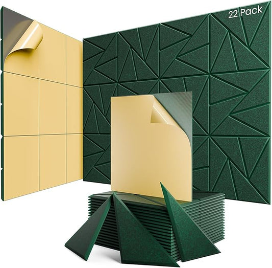 22 Pack Acoustic Panels with Self-Adhesive, 12"X 12"X 0.4"Sound Proof Foam Panels, Sound Panels High Density, Soundproof Wall Panels for Home Studio Office Forest Green