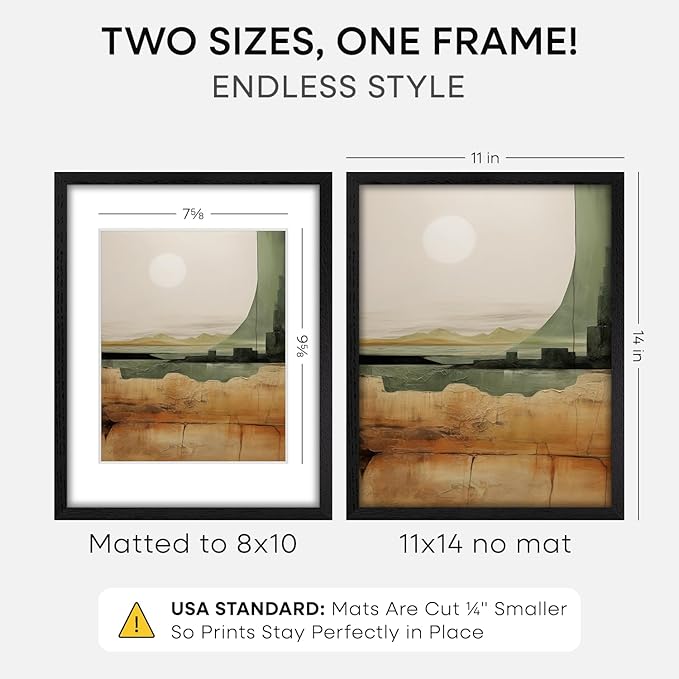 Homeforia 11x14 Picture Frame Black Wood, High End Oak 11x14 Poster Frames with Mat 8x10, 11 x 14 Wooden Frame Matted to 8 x 10 inch Photo, 14x11 Thin Hanging Frame, Tempered Glass, Wall Kit, Set of 1