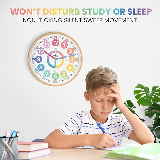 Oyster&Pop Kids Clock - Silent 14" Analog Learning Wall Clock - Award-Winning Telling Time Teaching Clock for Kids - Large for Classrooms Homeschool & Bedrooms - Includes eBook