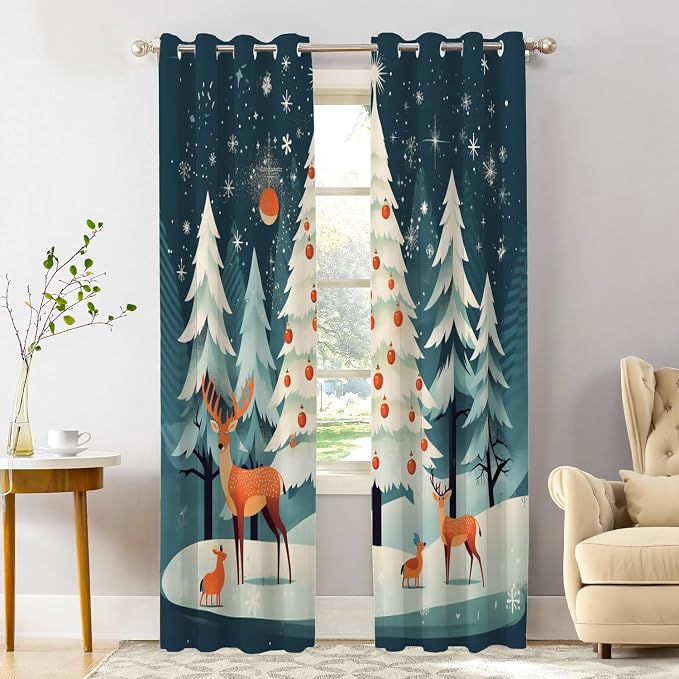 Shrahala Christmas Tree Elk Thermal Insulated Blackout Window Curtains, Red Ball Snowflake Blue Background Long Drapes for Bedroom/Living Room with Plastic Grommet, 52X84 Set of 2