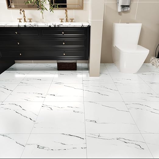 WESTICK White Peel and Stick Floor Tile Bathroom Waterproof Marble Vinyl Floor Tiles Self Adheisve Easy DIY Granite Flooring Tile for Kitchen Bedroom Dining Room 12" x 12" Jazz White