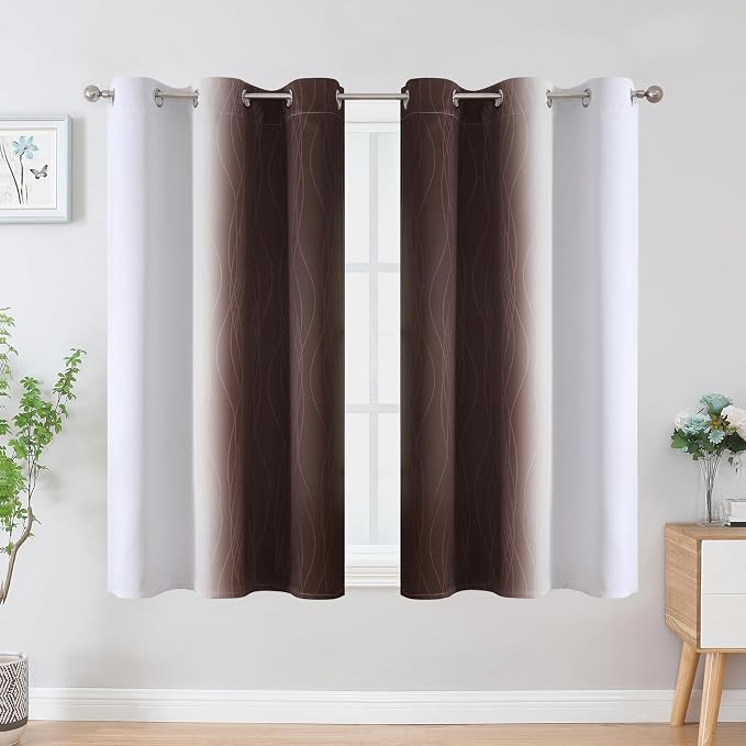 Estelar Textiler Brown and Greyish White Ombre Blackout Curtains 45 Inch Length 2 Panels, Full Room Darkening Gradient Drapes for Bedroom, Thermal Insulated Grommet Short Curtains for Bathroom,42Wx45L