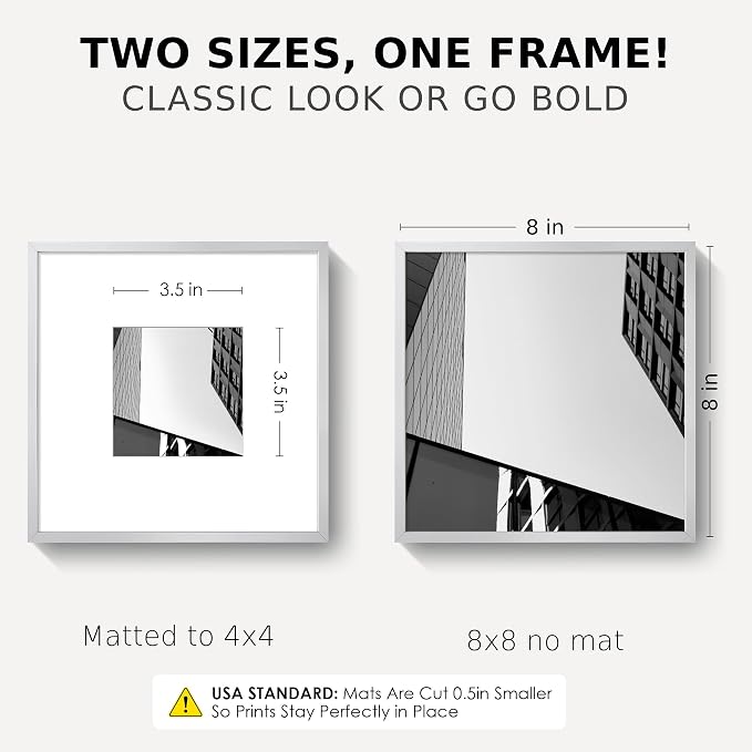 8x8 Square Picture Frame for 4x4 Photo, Minimalist Aluminum Frame, Silver | Sleek Silver Square Frame with 4x4 Opening for Wall Display, Tabletop, or Gallery Wall | Wall Kit Included
