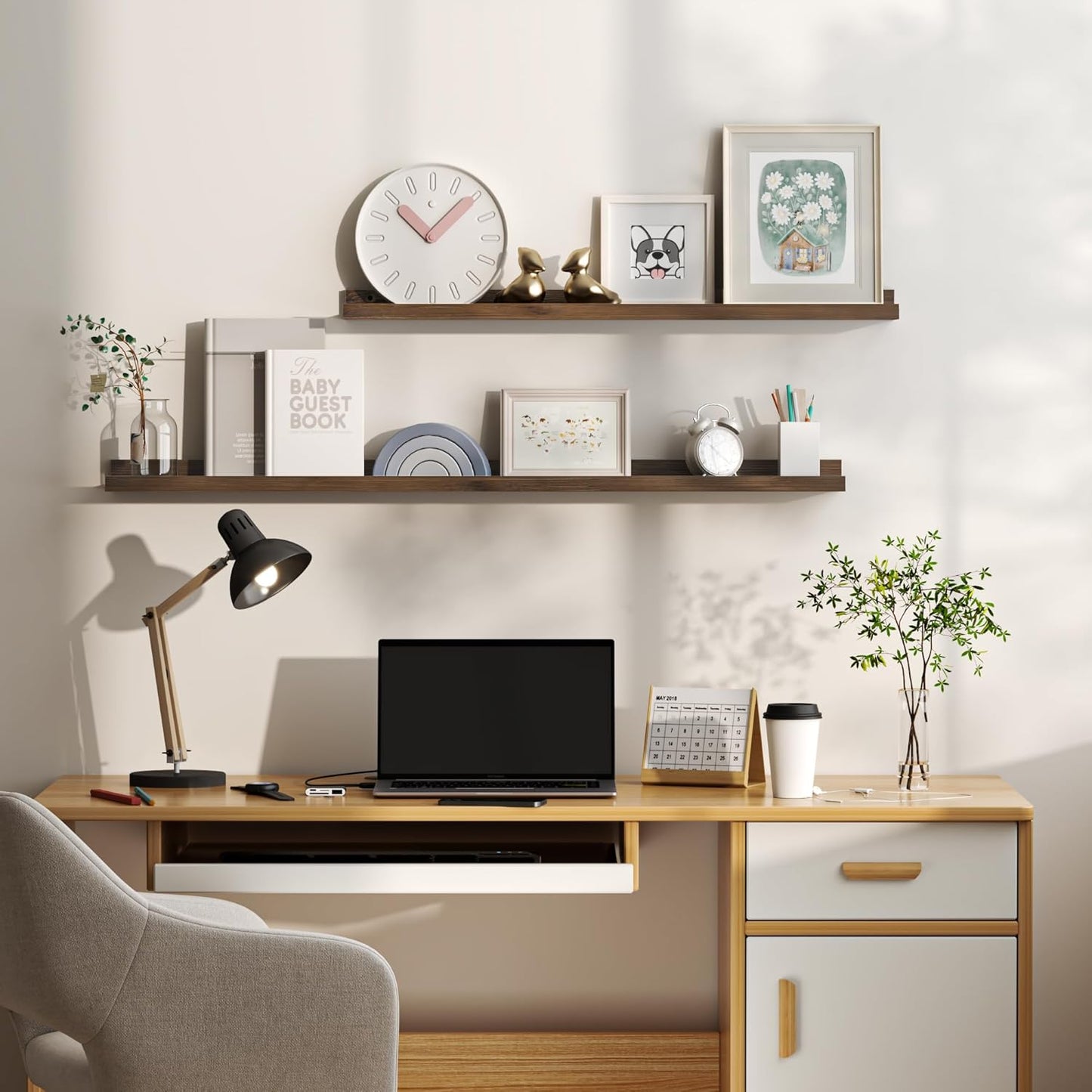 Floating Shelves for Wall, Picture Ledge Shelf 24 Inch Solid Wood Set of 2, Rustic Wall Shelves with Lip, Kids Bookshelf, Photo & Picture Live Edge Floating Shelves for Bedroom, Living Room, Kitchen