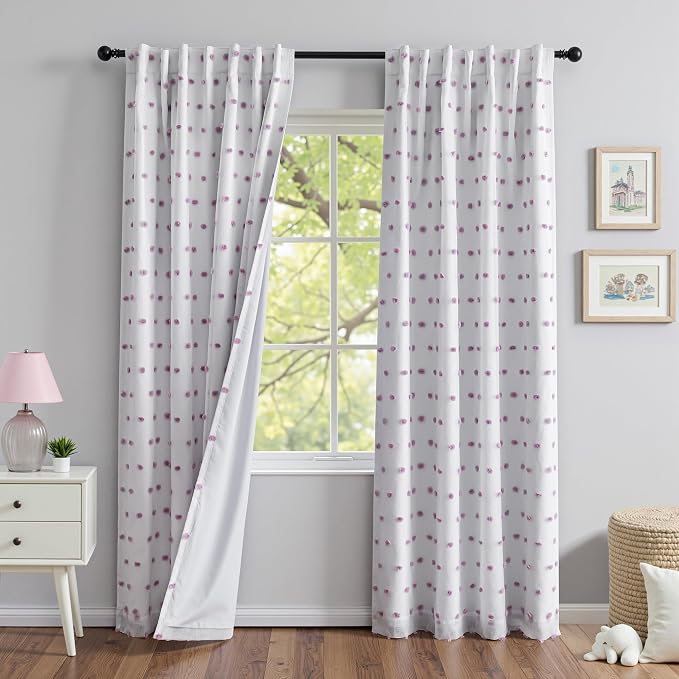 MYSKY HOME 100% Blackout Curtains for Girls Bedroom 84 Inches Long Total Light Blocking Curtains for Living Room 2 Panels Back Tab Room Darkening Window Drapes with Purple Pom Pom Sheer 52W x 84L