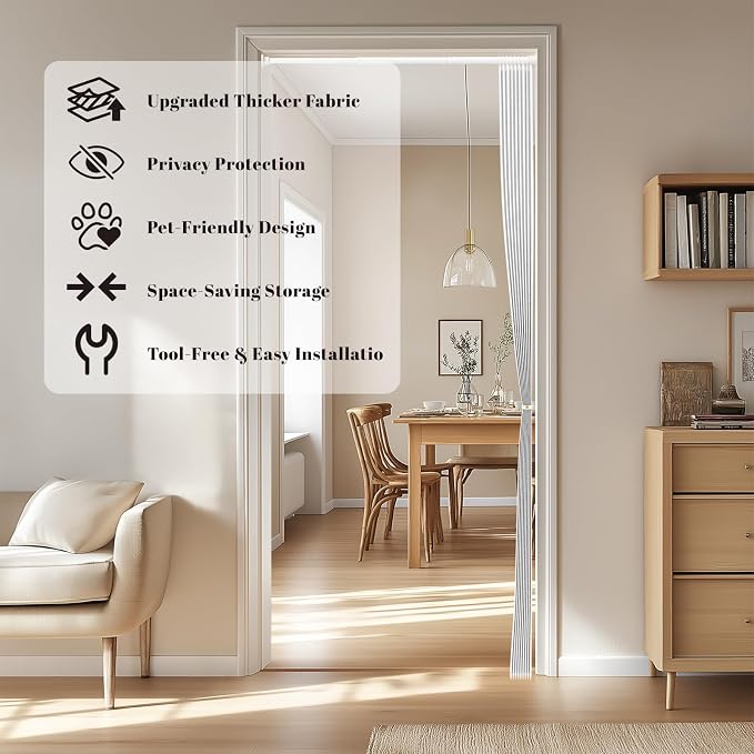 AJAZZ Sets: Curtain Rods & Blackout Accordion Door Accordion Doors Interior Invisible Magnetic Door Curtain for Bedroom Living Room Doorway (1 Pack, 43W x 78 L, White)