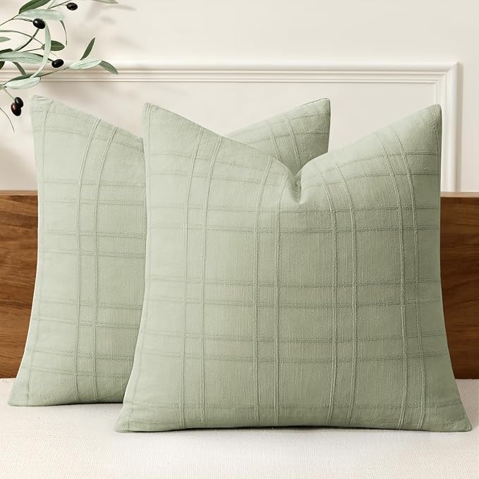 MIULEE Decorative Linen Check Throw Pillow Covers Neutral Farmhouse Vintage Pillow Covers 20x20 Set of 2 Boho Modern Home Decor for Sofa Couch Bedroom Cushion Seeding Green
