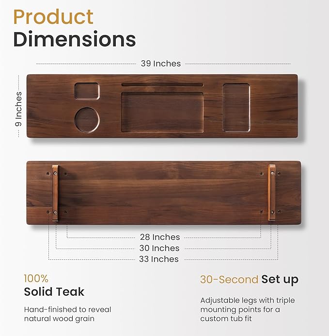 Teak Bathtub Tray for Freestanding Bath, 39" Extra Thick Adjustable Spa Caddy - Non-Slip Anti-Tip Wood Organizer for iPad, Wine & Book - Rich Walnut Brown Finish, Perfect Self-Care Gift