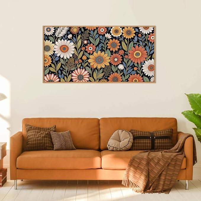 LHIUEM Large Abstract Boho Flower Framed Canvas Wall Art Set,Vintage Colorful Floral Wall Decor,Retro Wildfower Plant Painting,Botanical Artwork for Living Room,Bedroom,Dining Room,Office -20"x40"x1