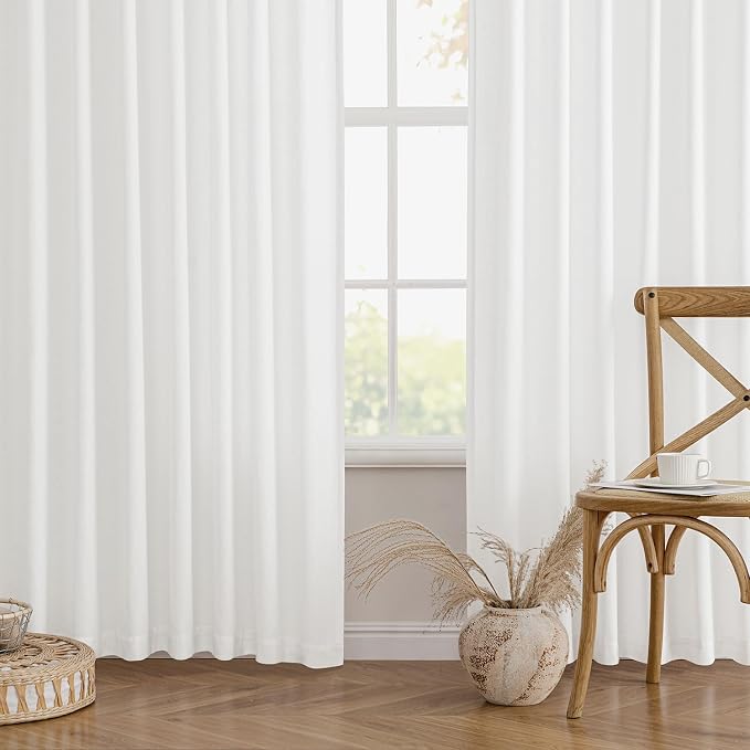 MIULEE Non-See-Through Privacy Linen Curtains 2 Panels, Light Filtering Window Curtains Farnhouse Textured Back Tab Semi Sheer Drapes for Bedroom Living Room, 52 x 96 Inches Long, Pure White