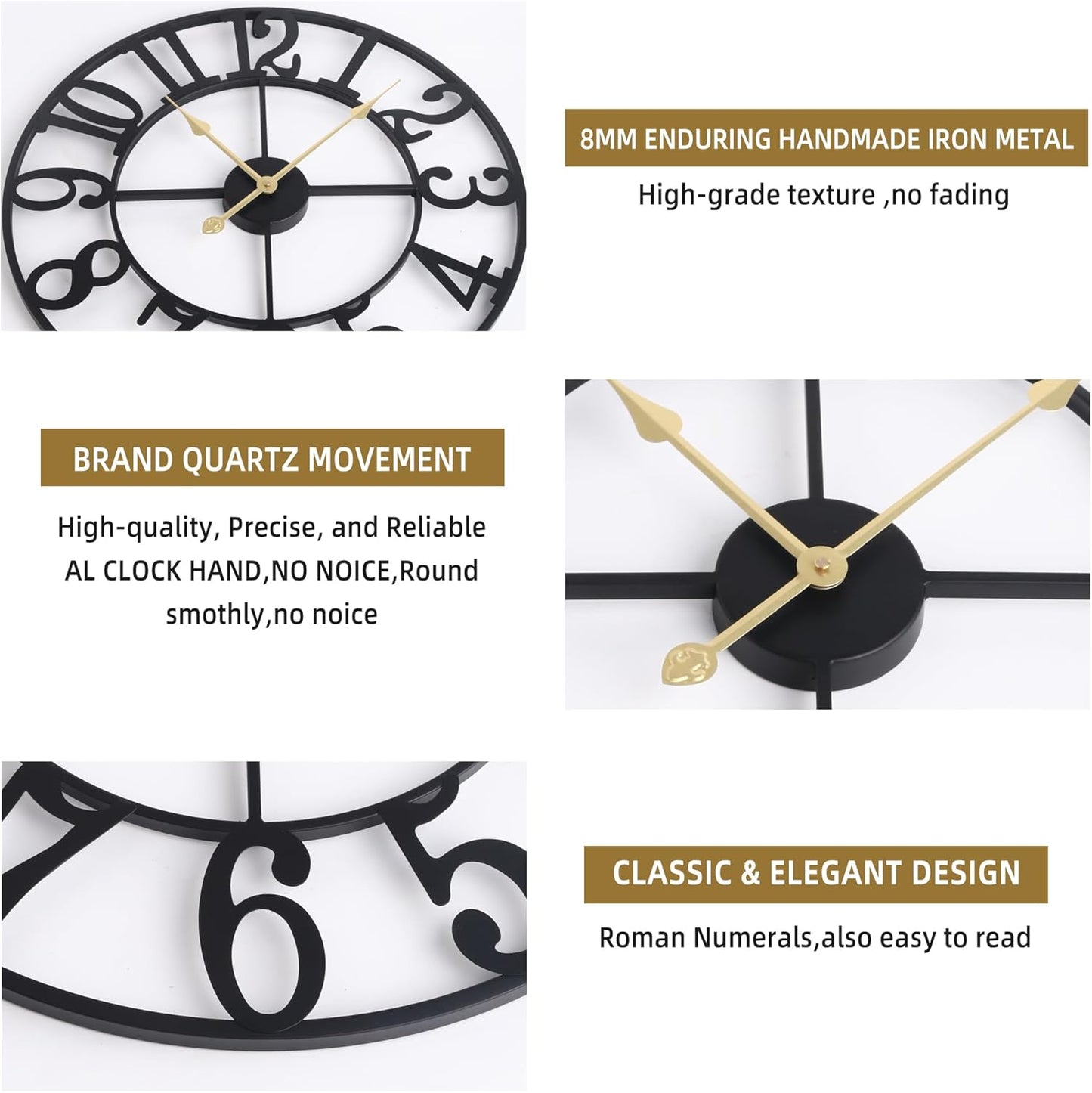 Large Wall Clock for Living Room Decor - 60cm/ 24 Inches Silent Non-Ticking Metal Wall Clocks Battery Operated, Vintage Decorative Modern Wall Clock for Bedroom, Office, Farmhouse Decor