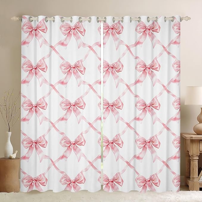 Erosebridal Kawaii Bowknot 52" Wx63 L Window Treatments for Kids Girls Teen,Cute Girly Bow Curtain Pink Bow Window Curtain Watercolor Bow Tie Plaid 30%-50% Blackout Curtains for Bedroom