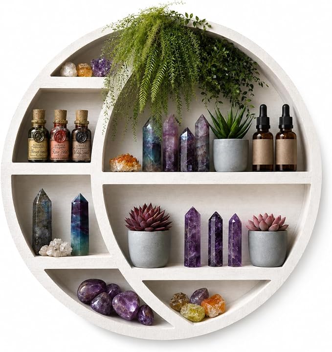 Wooden Crescent Moon Shelf — Boho Wall Decor Crystal Display Shelf for Bedroom, Dorm & Nursery | Crystal Holder for Essential Oils, Witchy & Moon Phase Decor | 14x14x3.5 | Paulownia Wood