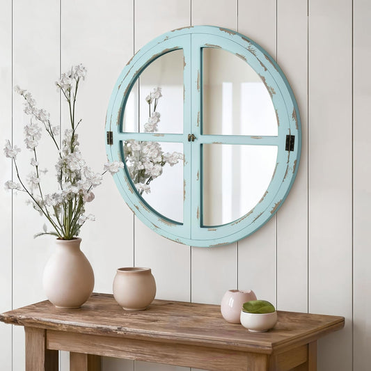 30" Round Window Mirror, Vintage Coastal Wall Mirror with Distressed Blue Wood Frame & Faux Windowpanes, Farmhouse Cottagecore Decor for Living Room, Entryway, or Dining Room