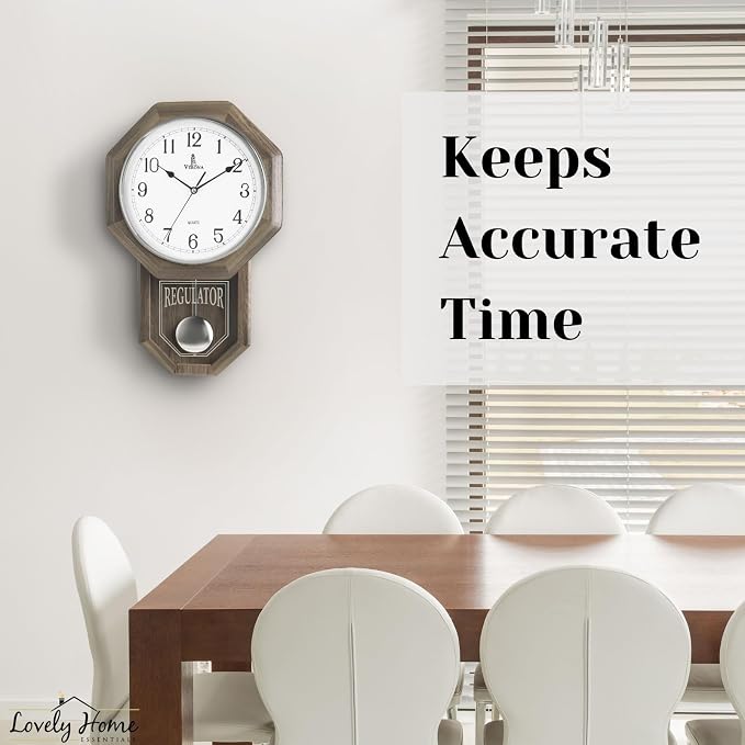 Pendulum Wall Clock - Real Wood Regulator Clock - Rustic, Farmhouse Schoolhouse Design - Quiet, Non-Chiming, Wooden & Battery Operated - Decorative Grey Ash Decor for Living Room, Home, Office 18x11