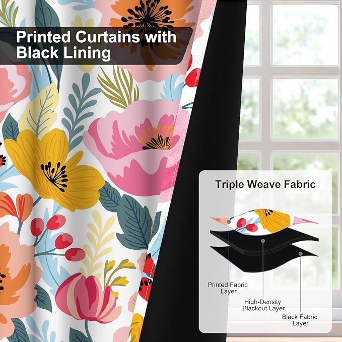 Boho Patterned Blackout Curtains for Bedroom, Bohemian Floral Living Room Darkening Curtains 84 Inch Length 2 Panels Set, Grommet Thermal Insulated Soundproof Window Drapes with Curtain Tiebacks