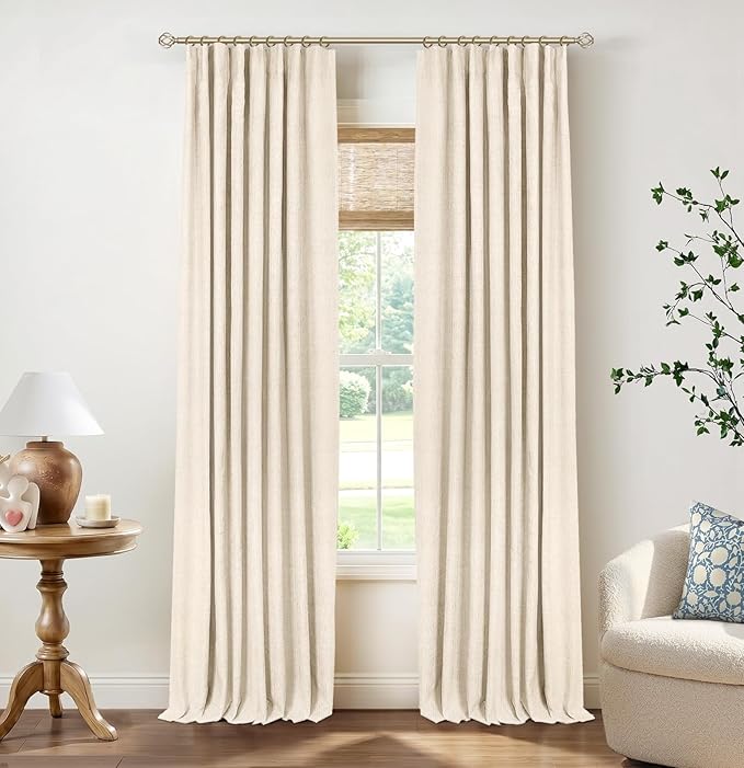 INOVADAY 100% Blackout Curtains for Bedroom, Cream Black Out Curtains 120 Inch Long, Clip Rings Linen Blackout Drapes, Thermal Insulated Room Darkening for Living Room, 2 Panels - W50xL120