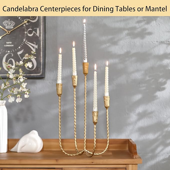 17.5 Inch 5-Arm Candle Cast Iron Metal Candelabra Candlestick Holders | Tall Antique Brass Taper Candle Holder, Vintage Farmhouse Centerpiece for Wedding, Fireplace Mantel & Dining Room Table Decor