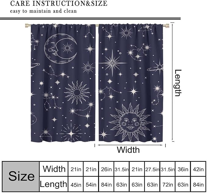 Sun Moon Blackout Curtains, Vintage Mysticism Art Modern Abstract Sun Moon Star Window Drapes, for Bedroom Living Room 52" W X 84" L