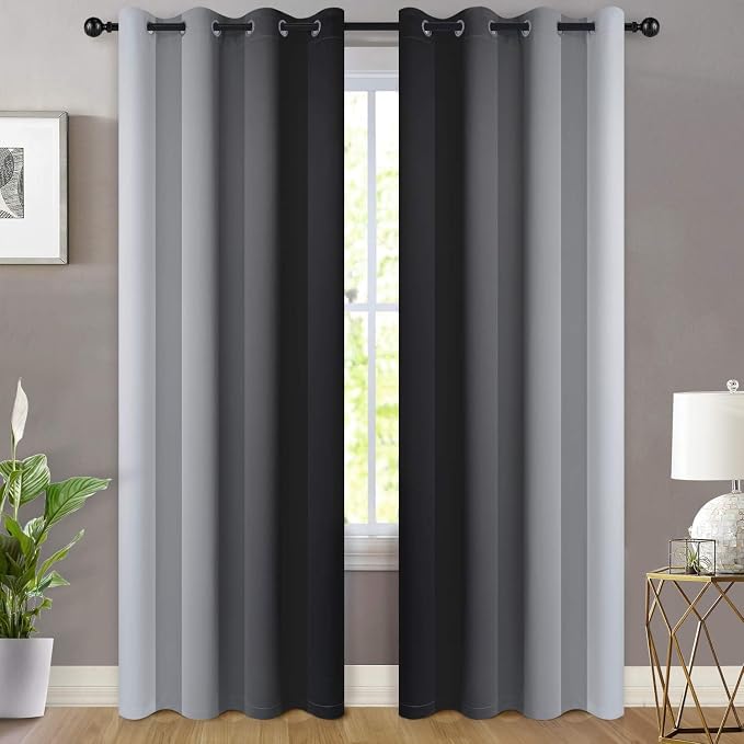 Yakamok Ombre Curtains Black and Greyish White for Living Room,52Wx90L | Room Darkening Curtains 90,Thermal Insulated Gradient Color Drape,Light Blocking Grommet Window Curtains for Bedroom,2 Panels