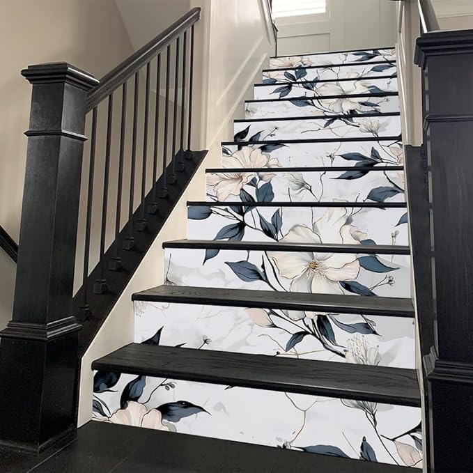 REDAMANCY Abstract White Marble Floral Dark Navy Leaf Vintage Peel and Stick Vinyl Stair Riser Decals Staircase Tile Stickers Decor Modern Marble Decoration Self-Adhesive(14 Pcs)