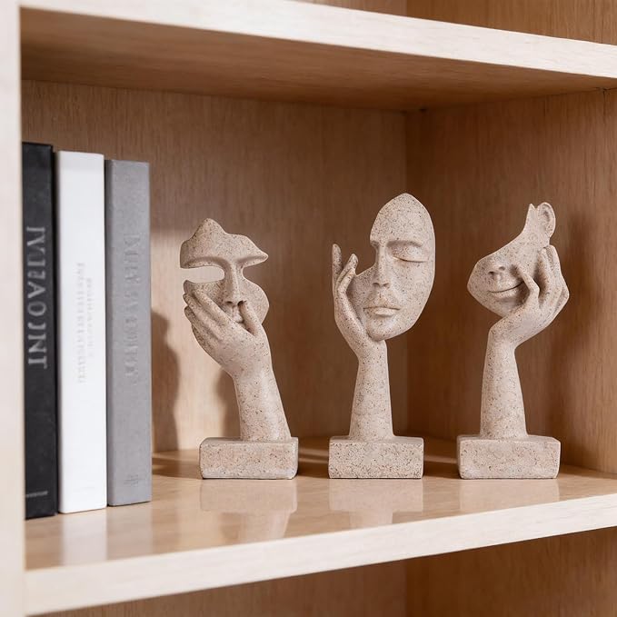 3 Pcs Thinker Statue - Resin Art Abstract Home Accent Figurines for Decor Apartment Bookshelf Floating Shelf Living Room Coffee Table Office Desk Counter Decor (3 Pcs Sandstone, 6")