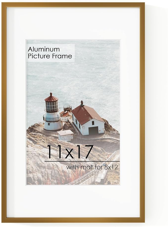 FLYJOE 11x17 Metal Picture Frame for Wall With Mat for 8x12, 11''x17'' Aluminum Photo Frames With Tempered Glass for Home Decor, Minimalist Modern Poster Frame Horizontal And Vertical Formats, Bronze