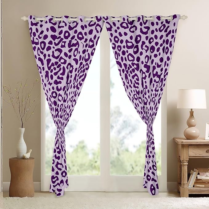 Feelyou Cute Leopard Room Darkening Blackout Curtain Cheetah Curtains for Bedroom Living Room Boys Girls Purple Animal Print Blackout Curtains (2 Panels, 42 x 90 Inch) Safari Window Treatments