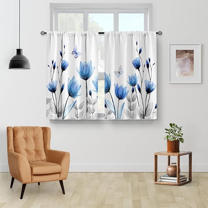 Aimego Floral Vintage Flower Kitchen Curtains - Rustic Blue Tulip Farmhouse Short Cafe Tier Curtains for Bathroom Woman Botanical Butterfly Rod Pocket Window Drapes 45 Inch Length 2 Panels Set