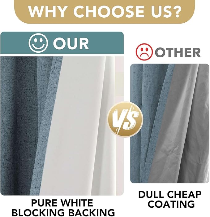 H.VERSAILTEX Linen Look 100% Blackout Curtains 95 Inches Long for Bedroom Full Light Blocking Rod Pocket Linen Textured Thick Window Curtain Drapes with White Backing, Stone Blue, 2 Panels