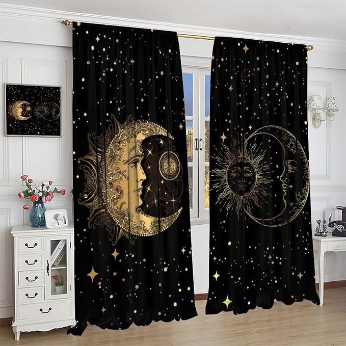 Sun and Moon Blackout Windows Curtains, Golden Planet Star Mysterious Galaxy Curtains Space Curtains, for Living Room Bedroom 63x72in 2 Panels