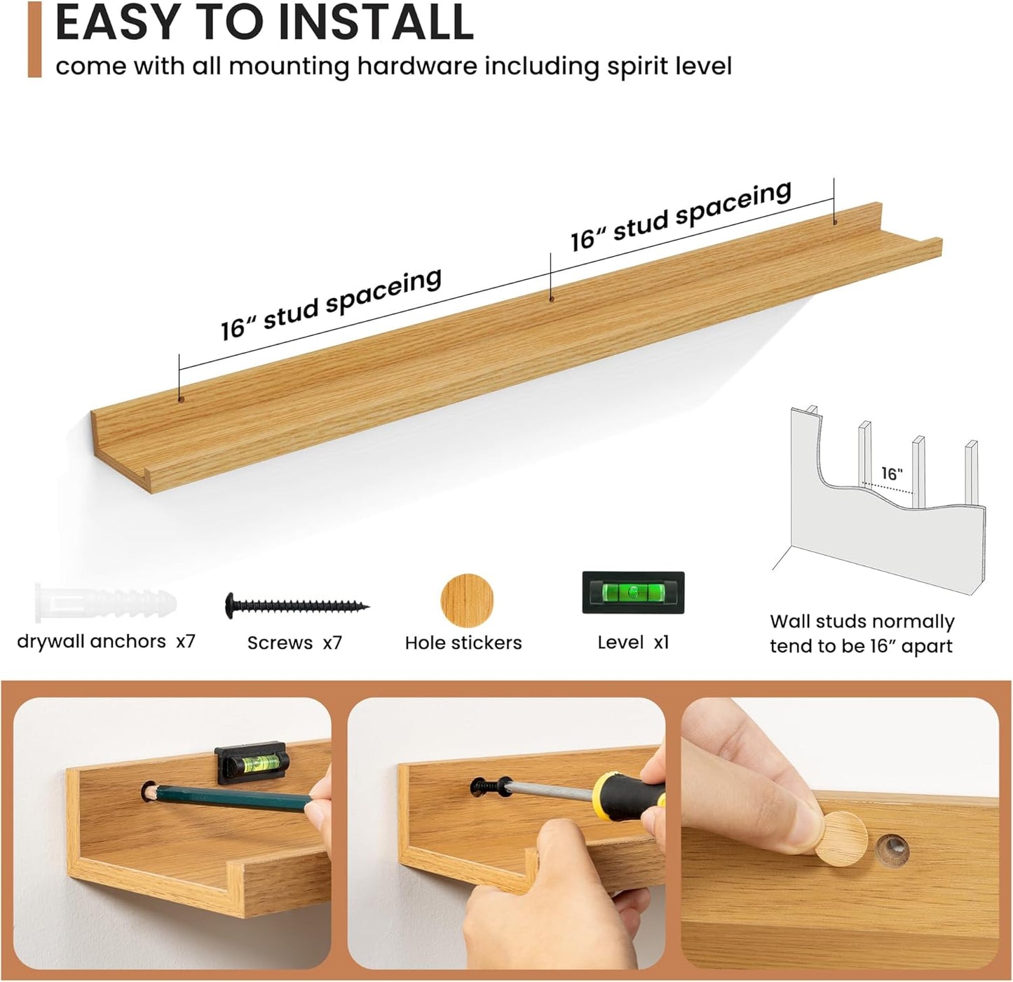 Fun Memories Picture Ledge Shelves Set of 2, 48 Inch Rustic Wall Mounted Floating Shelves with Lip for Home Storage and Décor in Bathroom, Kitchen, Nursery, Bedroom, Living Room, Oak