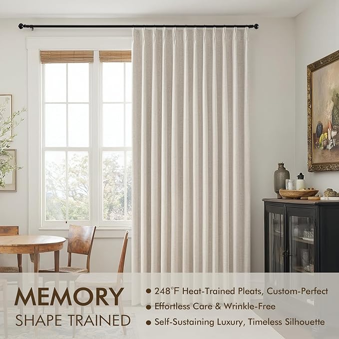 MIULEE Beige Pinch Pleated 100% Blackout Linen Curtains 90 Inch Length 2 Panels Set, Black Out Memory Trained Pleat Curtains Light Blocking Room Darkening Drapes for Bedroom Living Room Window