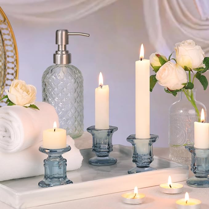 Lanttu 12 Pcs Blue Candlestick Holders Bulk, Glass Candle Holders Set | Crystal Taper Candle Holder for Wedding, Table Centerpiece, Home Decoration