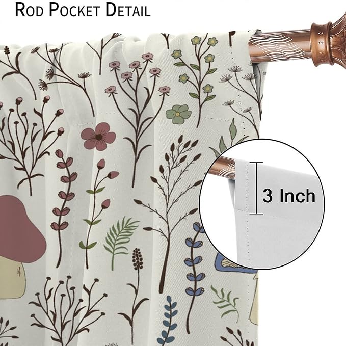 Mushroom Curtains,Colorful Plant Forest Botanical Print Window Treatments for Bedroom Living Room Kitchen Cartoon Herbs Floral Window Drapes 2 Panels Set,Total Size 63 x 63 Inch