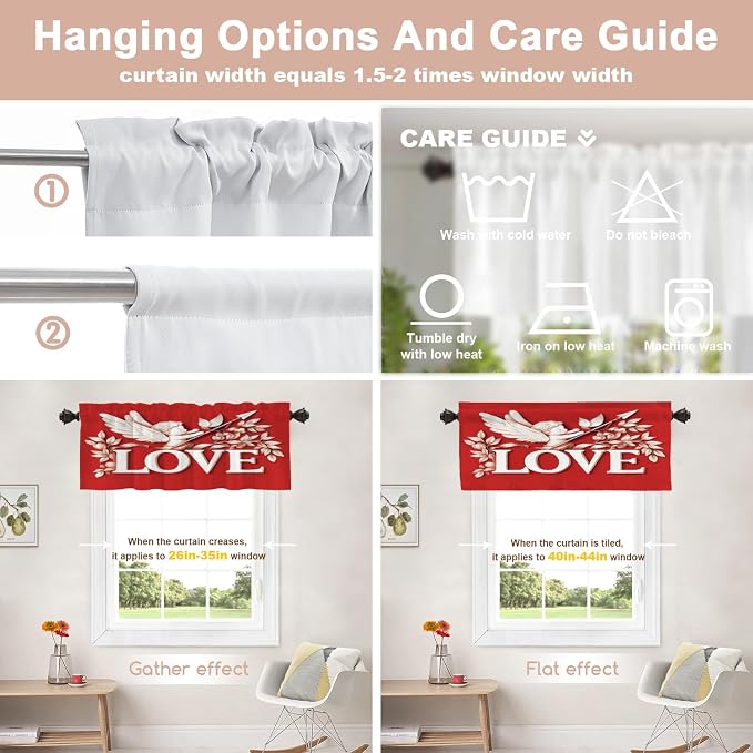 Shrahala Cupid Love Blackout Short Curtains for Windows, Romantic Love Kitchen Valance Thermal Insulated Rod Pocket Window Treatment for Bathroom 2 Pack 52 X 16 in