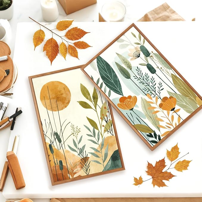 CHDITB Boho Botanical Framed Canvas Wall Art Set, Minimalist Nature Plant Wall Decor, Abstract Sun and Wildflower Painting, Neutral Green Plant Art Prints for Living Room Bedroom Kitchen 16"x24"x3