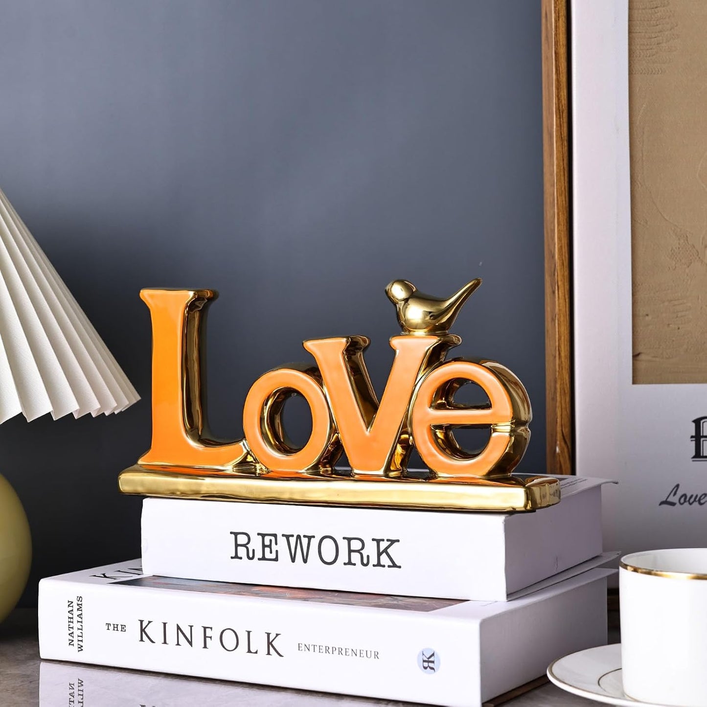 Love Sign Decoration,Orange and Gold Love Signs for Home Decor,Gold Bird Sculpture Personalized Love Decor,Gold Style Figurine Decorative Ornaments for Living Room,Bedroom,Cabinets (Love, Orange)