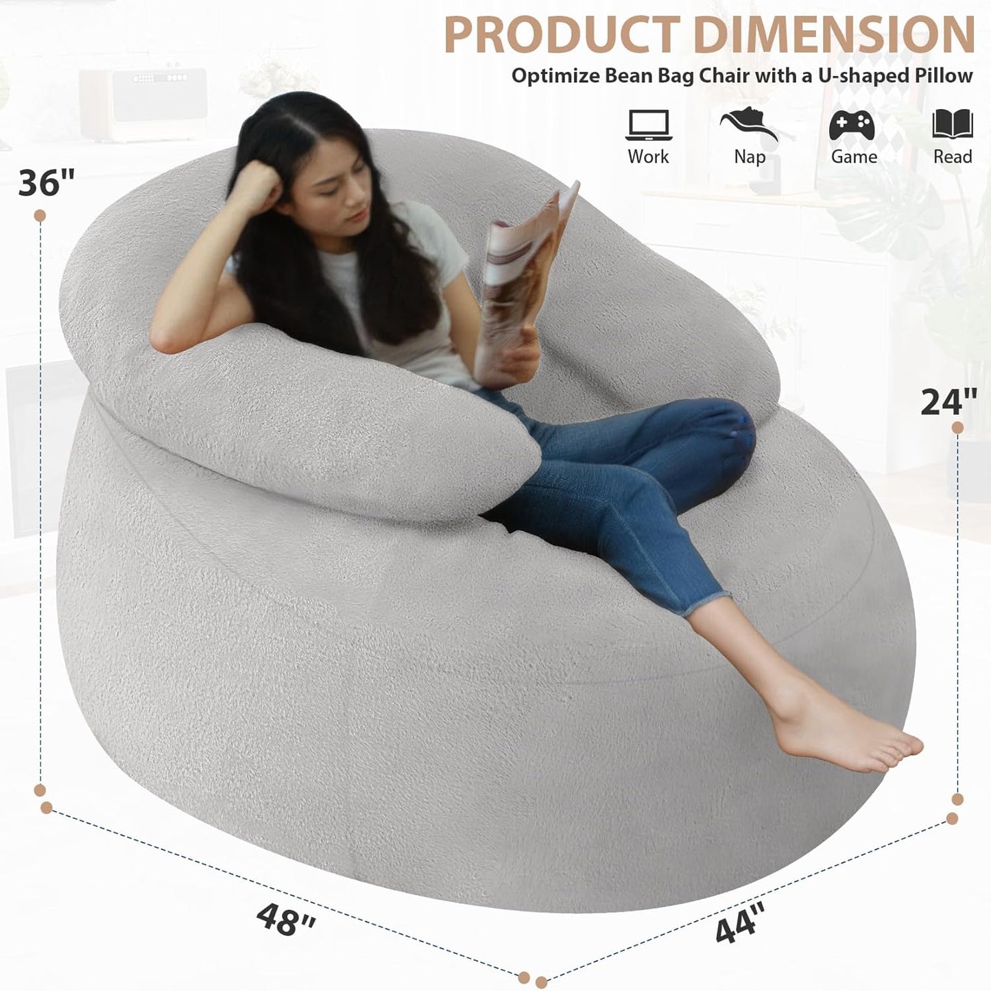 HABUTWAY Bean Bag Chair with U-shaped Pillow for Adult and Kids Big BeanBag Chair with Filling Ultra Soft Faux Fur Couch Chair with Washable Cover for Living Room Bedroom Office,Light Grey& Light Grey