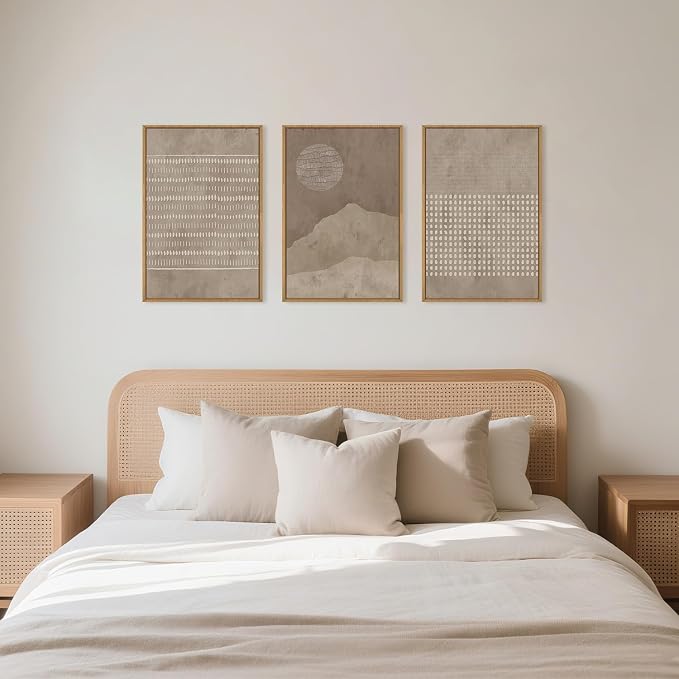 Large Mid Century Tan Beige Framed Canvas Wall Art,Neutral Geometric Lines Dots Shapes Wall Decor,Abstract Boho Sunset and Mountain Artwork for Living Room,Bedroom,Office-24 x36 x3