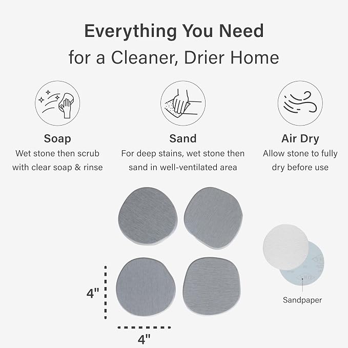 Dorai Home Stone Coasters Set - Diatomaceous Earth Water-Absorbing Drink Coaster for Coffee Table, Kitchen or Bar, Modern Stone Appearance | Ash - Set of 4